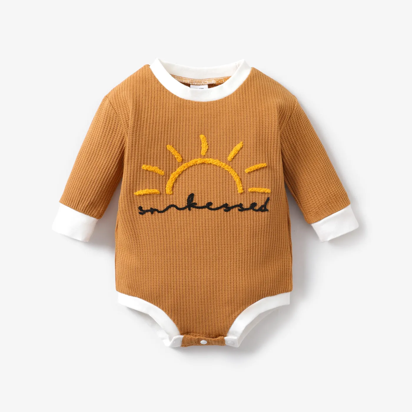 100% Cotton Baby Boy/Girl Sun Embroidered Long-sleeve Waffle Romper