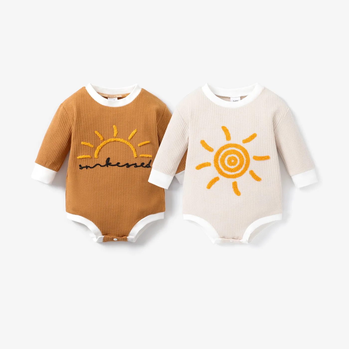 100% Cotton Baby Boy/Girl Sun Embroidered Long-sleeve Waffle Romper