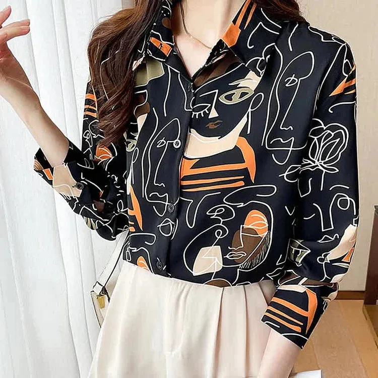 Abstract Graffiti Print Chiffon Button Shirt Workwear