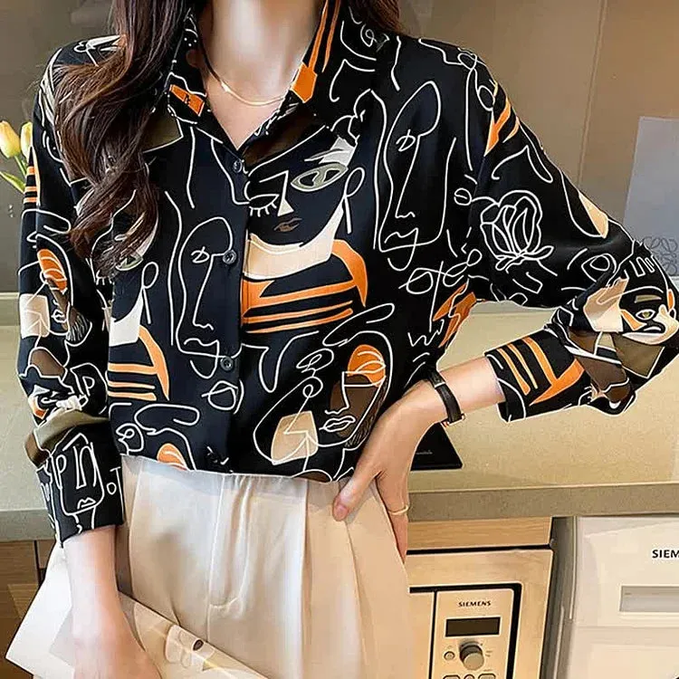 Abstract Graffiti Print Chiffon Button Shirt Workwear