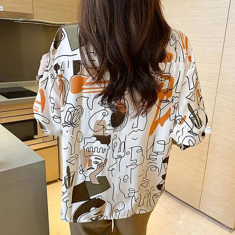 Abstract Graffiti Print Chiffon Button Shirt Workwear