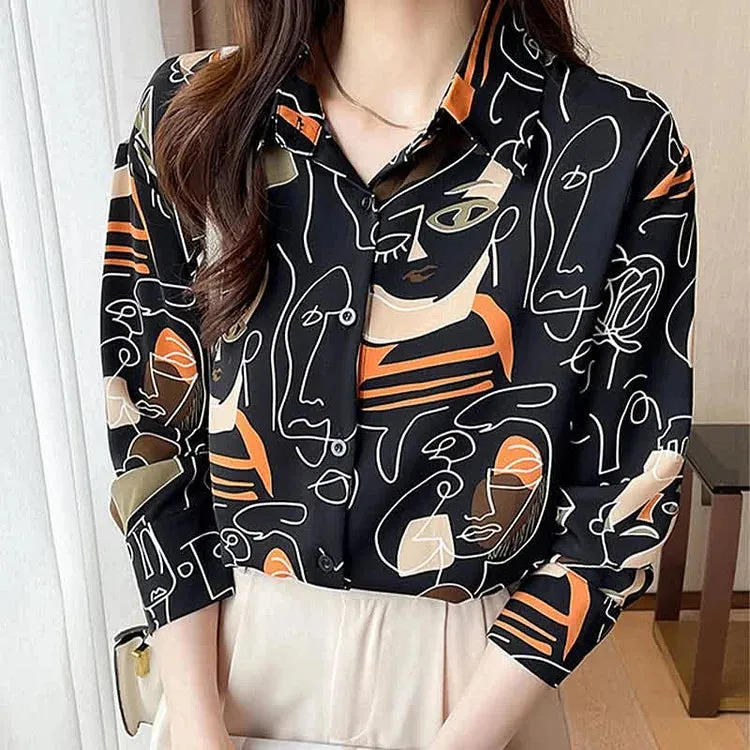 Abstract Graffiti Print Chiffon Button Shirt Workwear