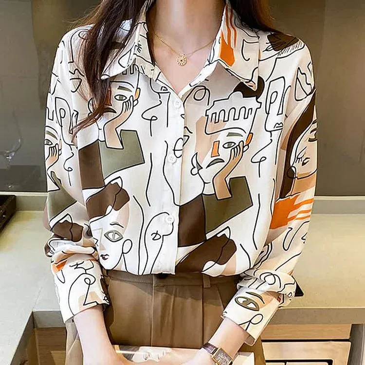 Abstract Graffiti Print Chiffon Button Shirt Workwear