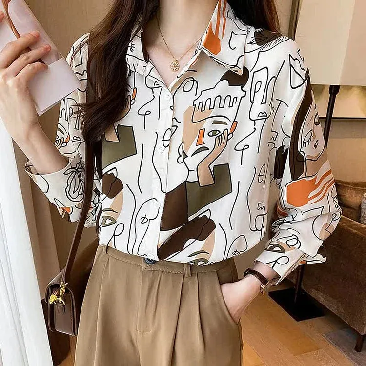 Abstract Graffiti Print Chiffon Button Shirt Workwear