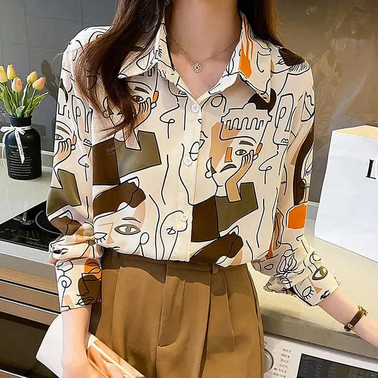 Abstract Graffiti Print Chiffon Button Shirt Workwear