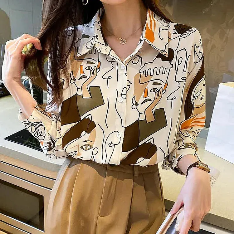 Abstract Graffiti Print Chiffon Button Shirt Workwear