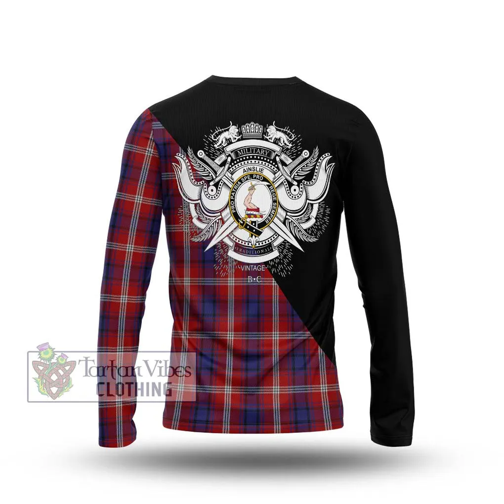 Ainslie Tartan Long Sleeve T-Shirt with Family Crest and Military Logo Style