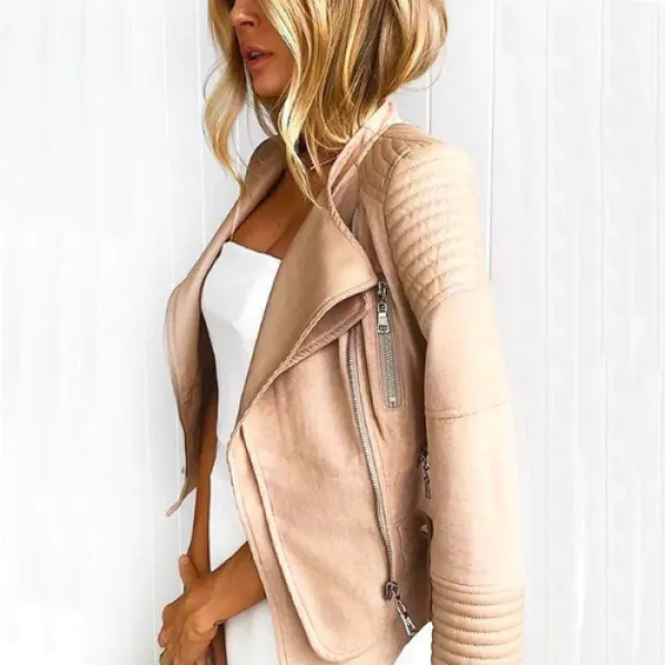 ALISSA VEGAN LEATHER BIKER JACKET- BEIGE