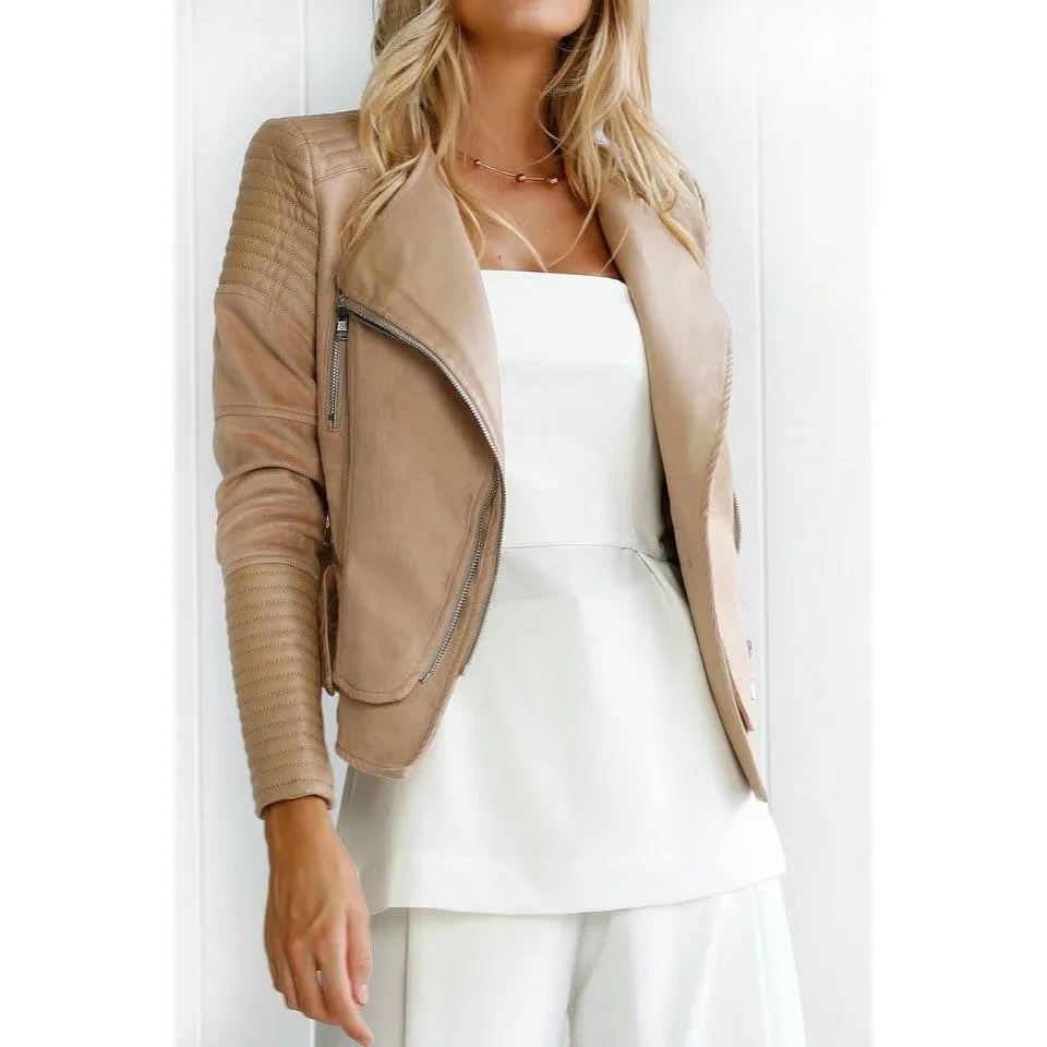 ALISSA VEGAN LEATHER BIKER JACKET- BEIGE