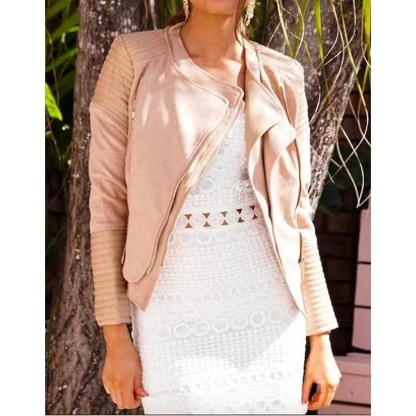 ALISSA VEGAN LEATHER BIKER JACKET- BEIGE