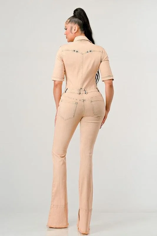 ANAYA WASHED DENIM HALF SLEEVE JUMPSUIT