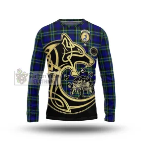 Arbuthnot Modern Tartan Long Sleeve T-Shirt with Family Crest Celtic Wolf Style