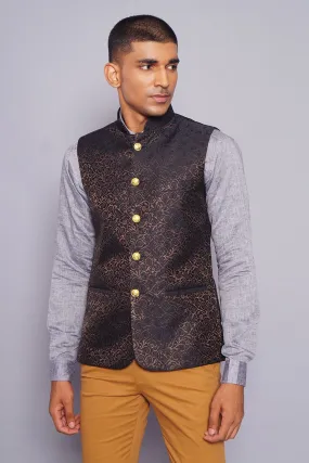 Banarasi Rayon Cotton Black Modi Nehru Jacket