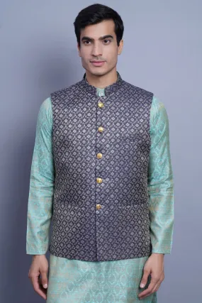 Banarasi Rayon Cotton Black Modi Nehru Jacket