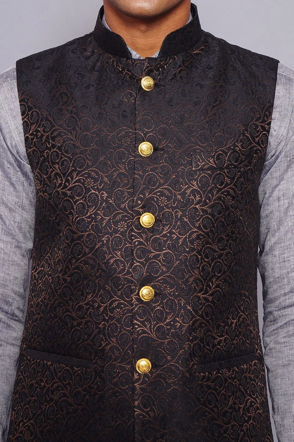 Banarasi Rayon Cotton Black Modi Nehru Jacket