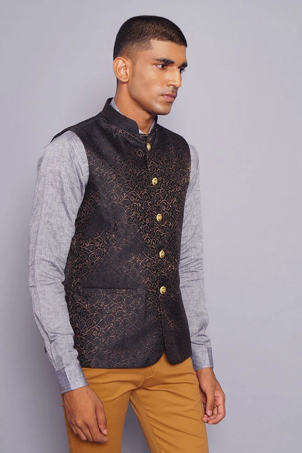 Banarasi Rayon Cotton Black Modi Nehru Jacket