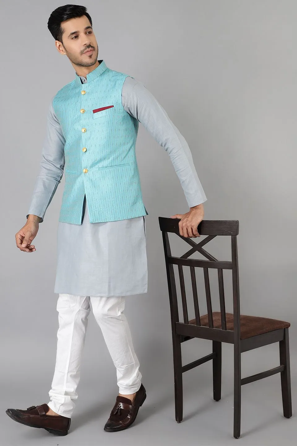 Banarasi Rayon Cotton Blue Modi Nehru Jacket