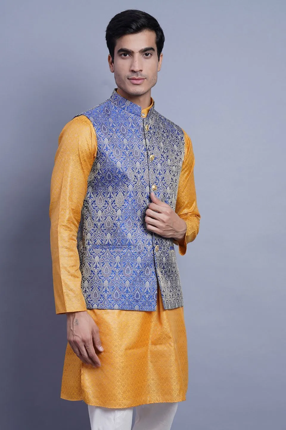 Banarasi Rayon Cotton Blue Modi Nehru Jacket