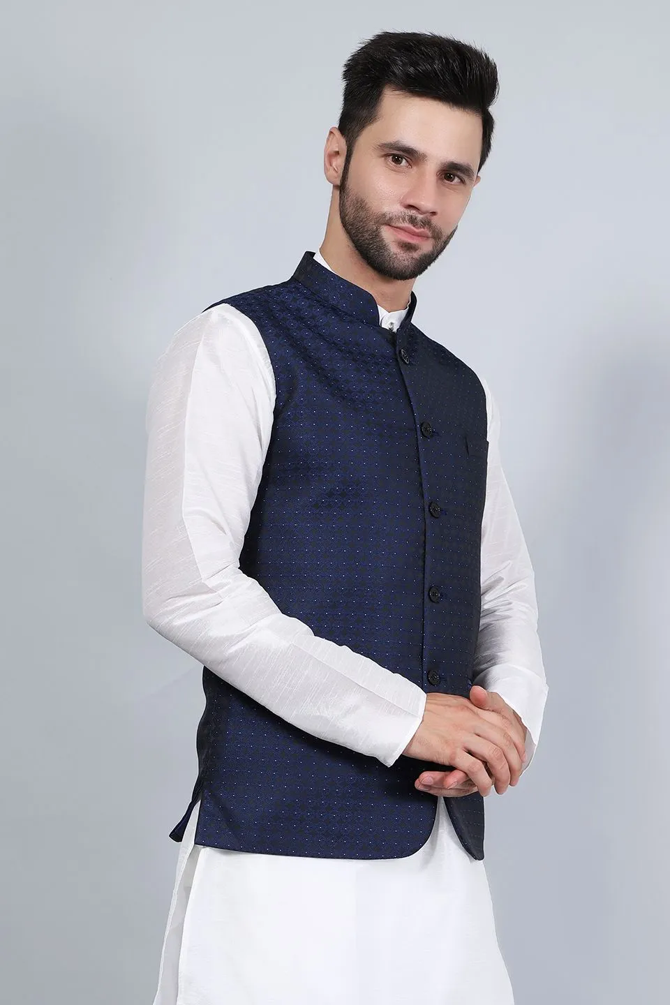 Banarasi Rayon Cotton Blue Modi Nehru Jacket