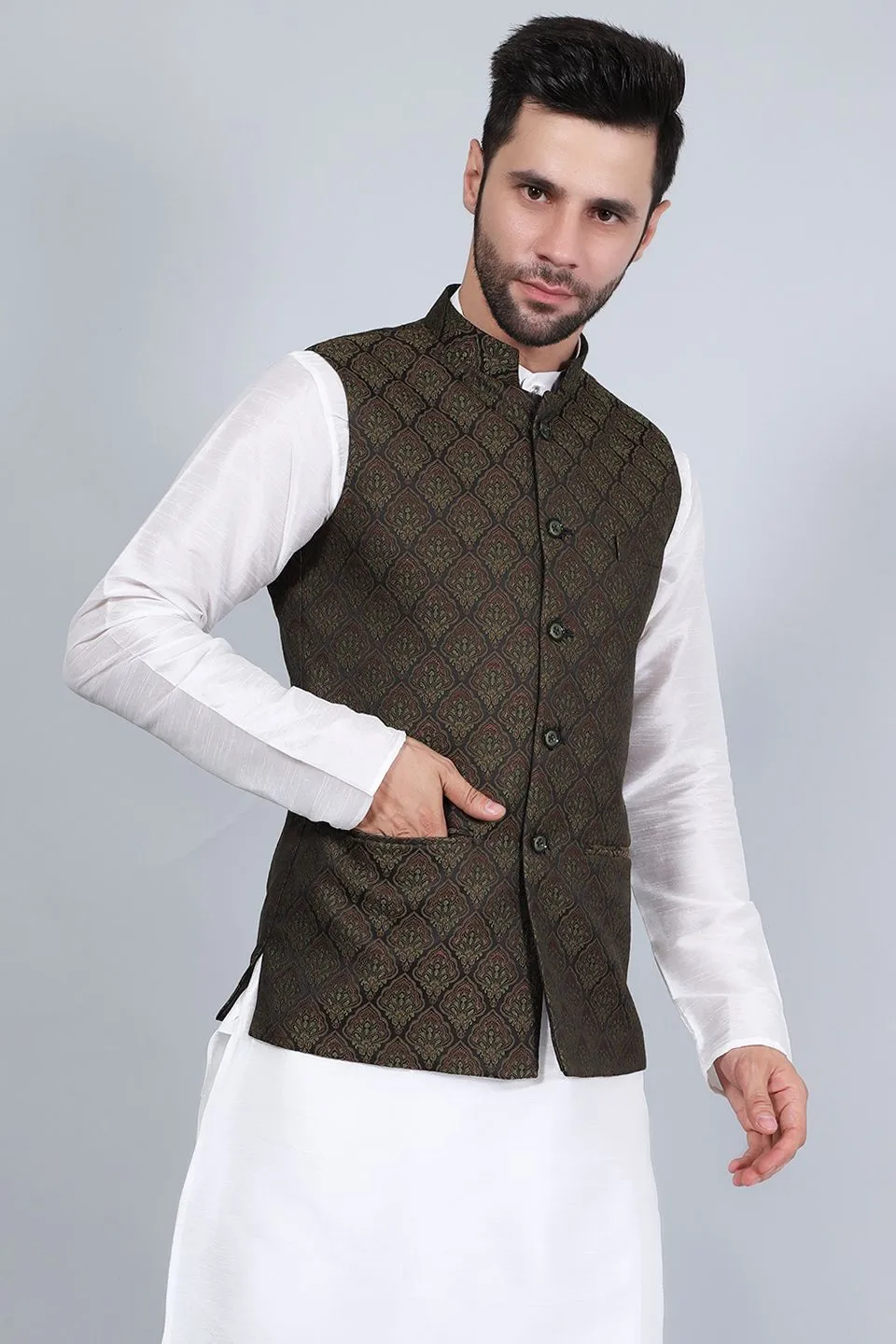 Banarasi Rayon Cotton Brown Modi Nehru Jacket