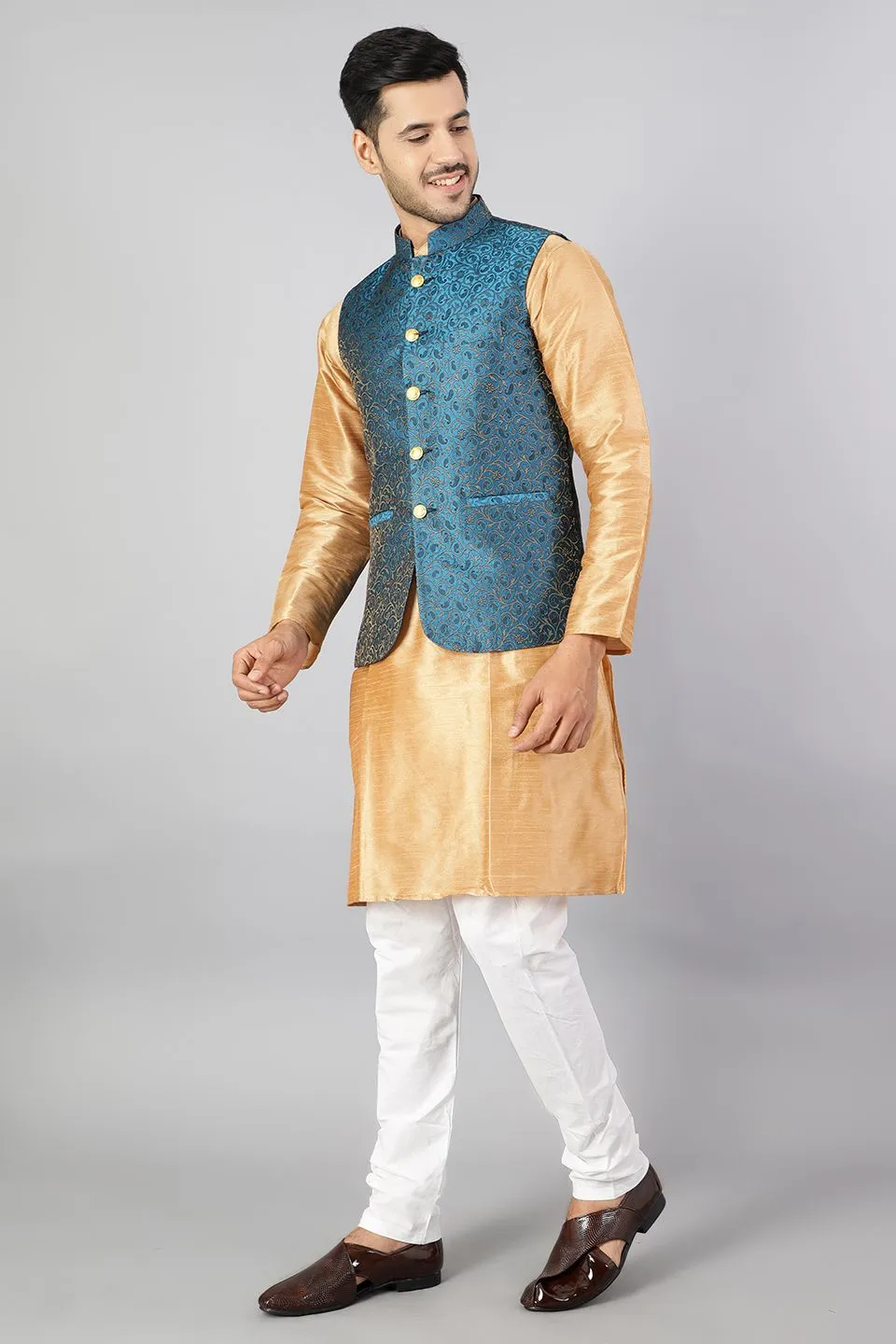 Banarasi Rayon Cotton Green Modi Nehru Jacket