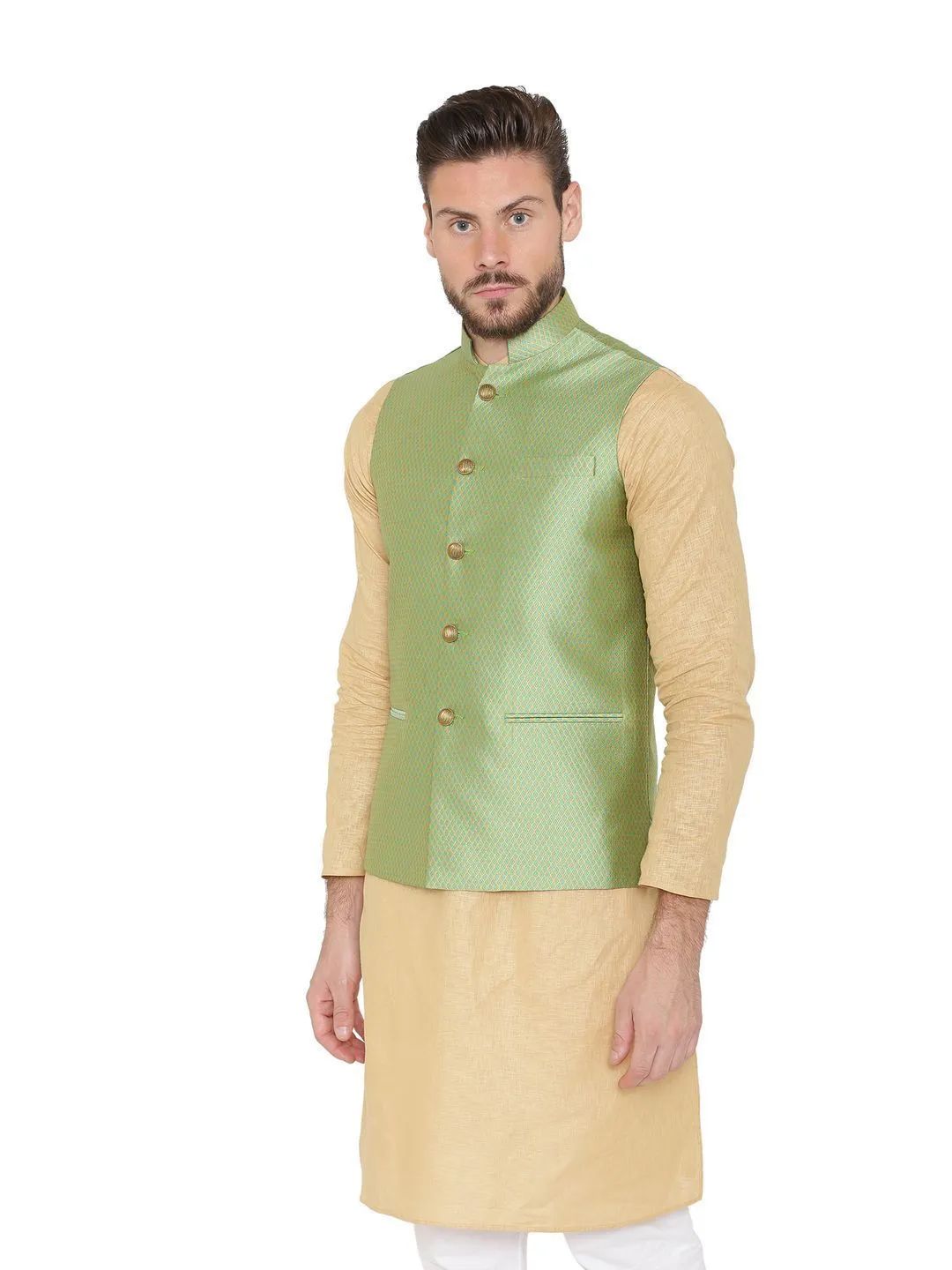 Banarasi Rayon Cotton Green Modi Nehru Jacket