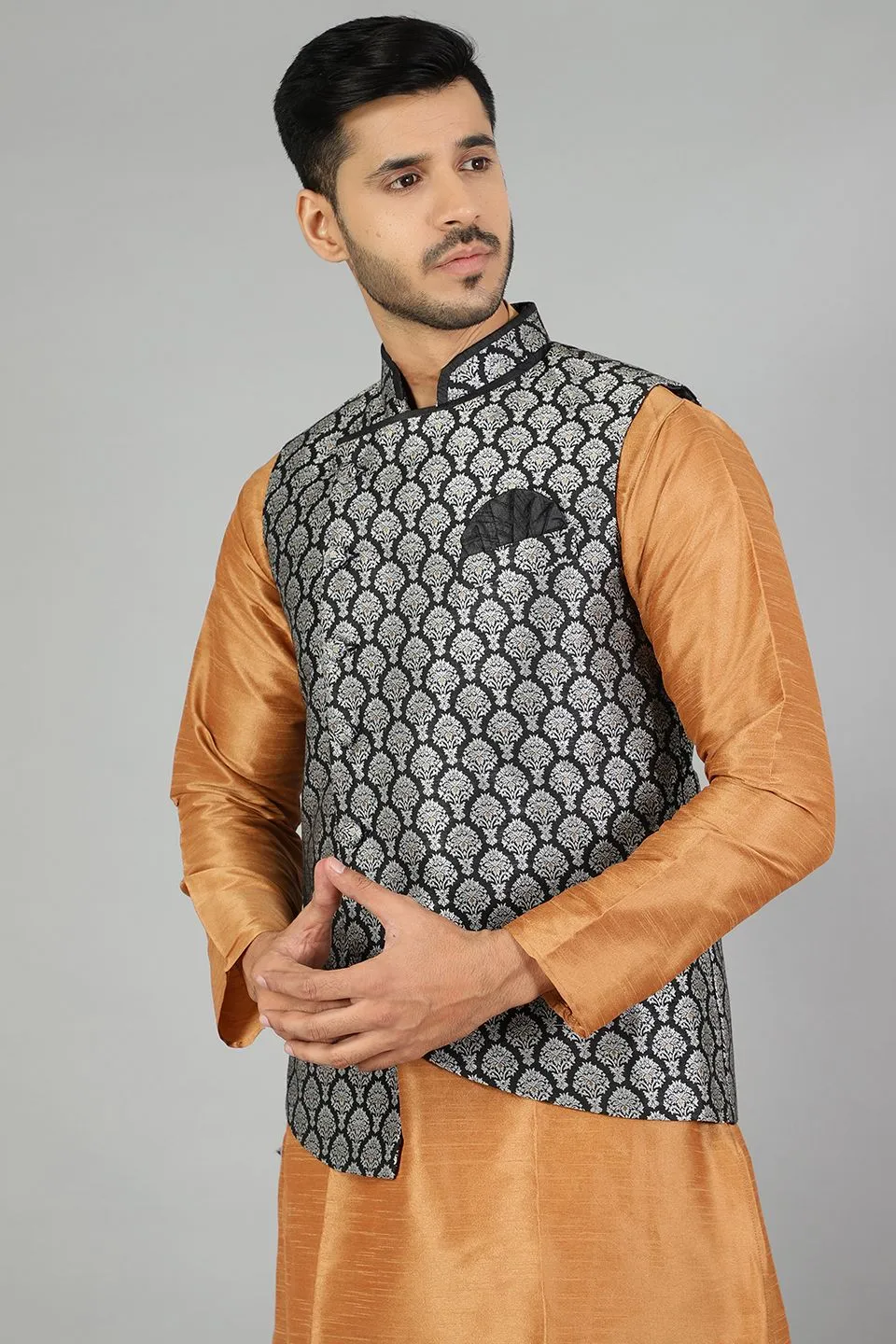 Banarasi Rayon Cotton  Plain Black Modi Nehru Jacket