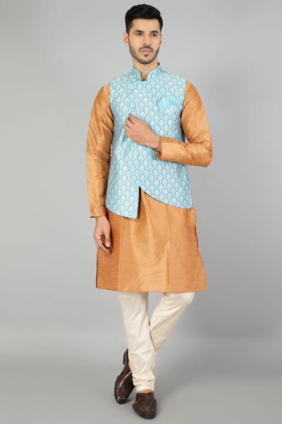 Banarasi Rayon Cotton  Plain Blue Modi Nehru Jacket