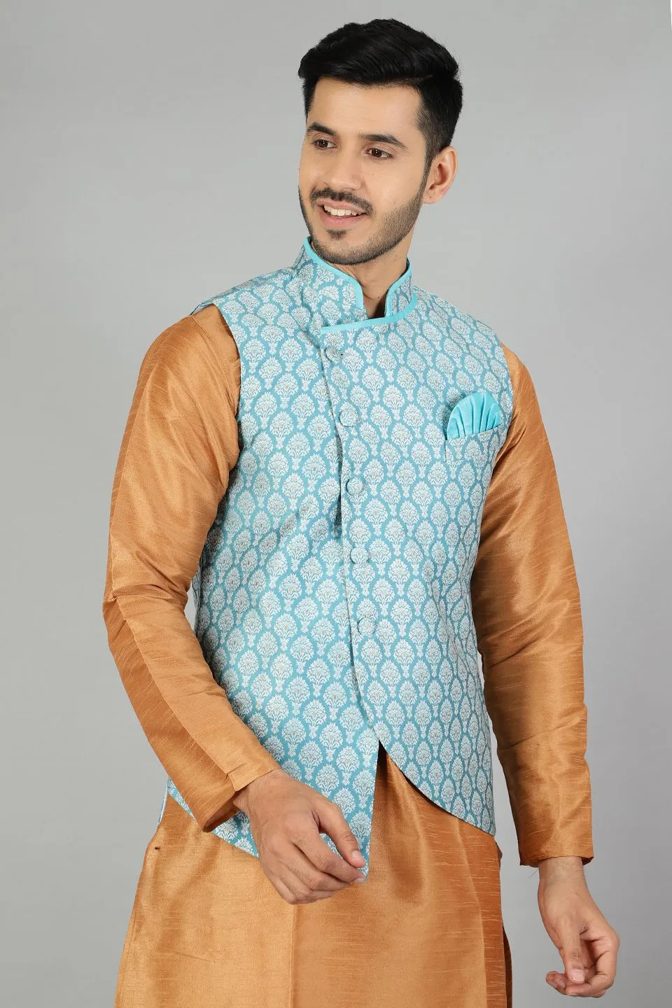 Banarasi Rayon Cotton  Plain Blue Modi Nehru Jacket