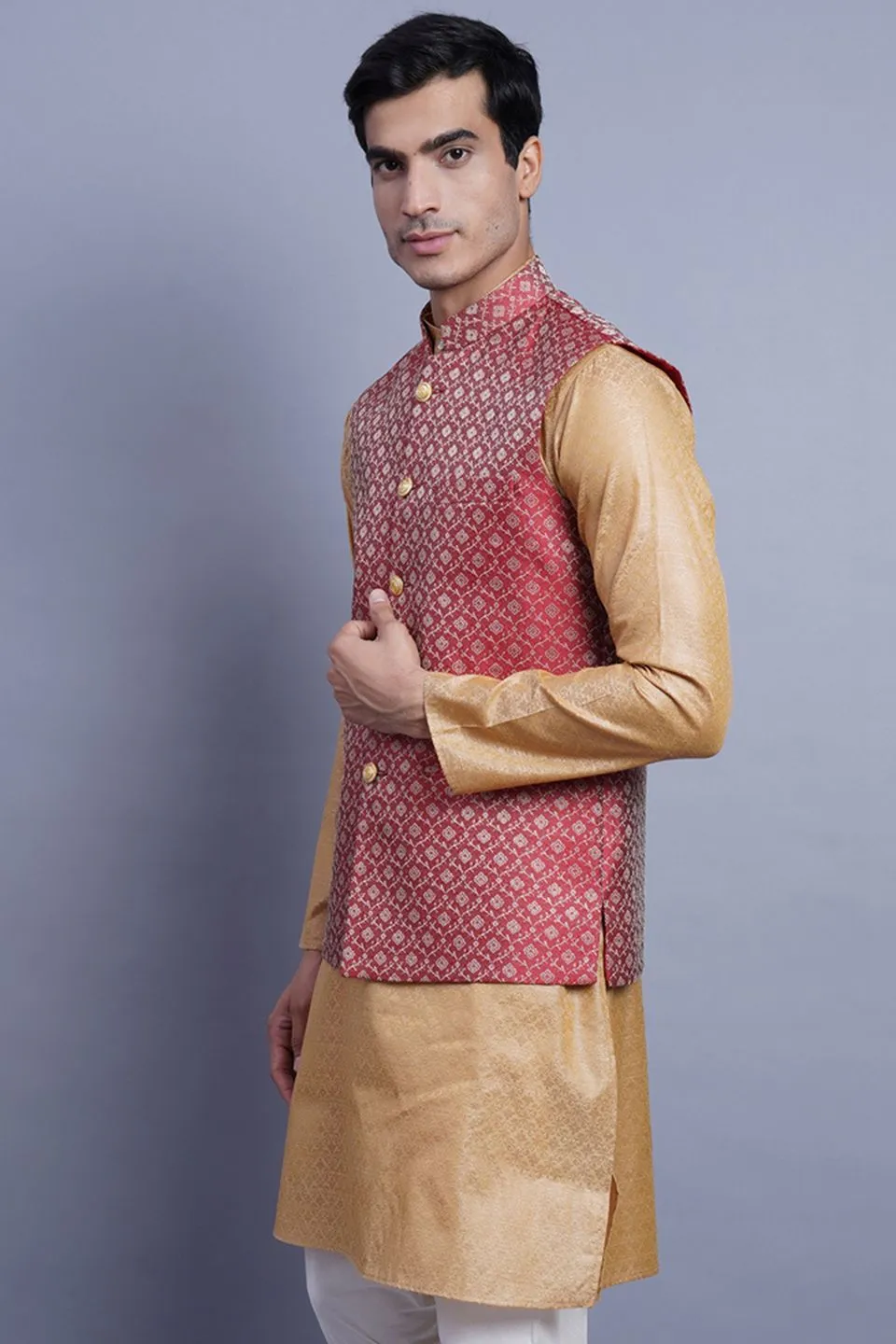 Banarasi Rayon Cotton Red Modi Nehru Jacket