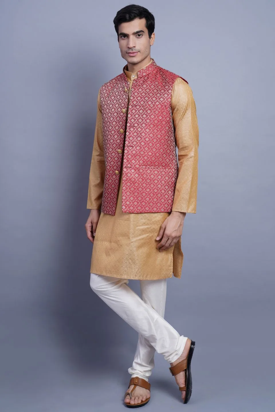 Banarasi Rayon Cotton Red Modi Nehru Jacket