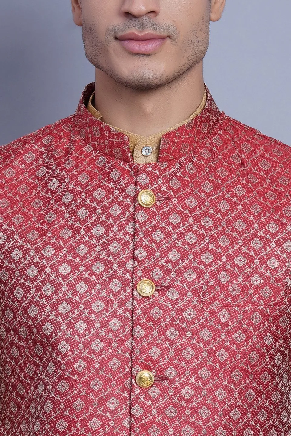 Banarasi Rayon Cotton Red Modi Nehru Jacket