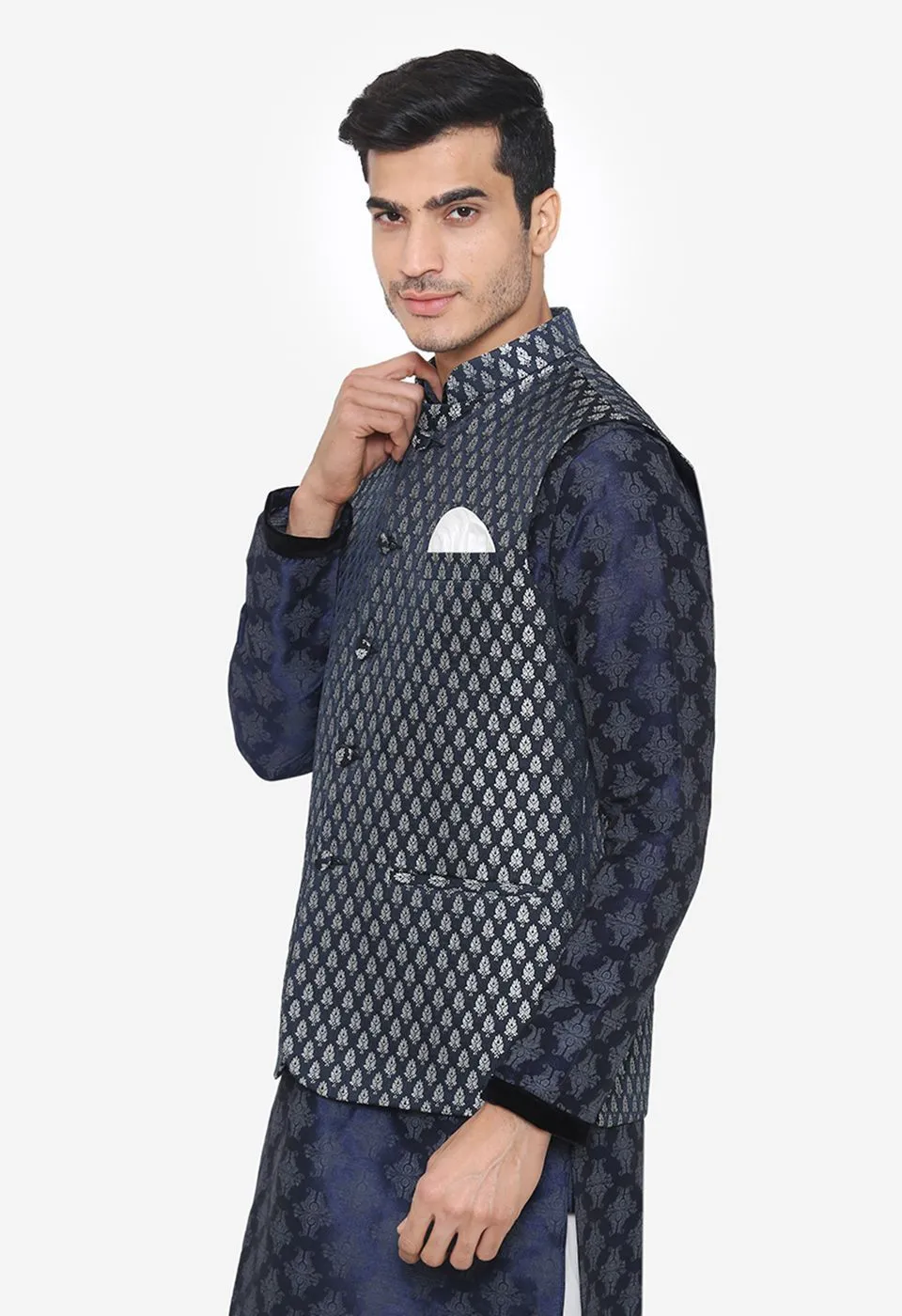 Banarsi Rayon Cotton Blue Nehru Modi Jacket