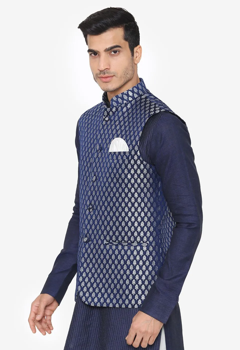 Banarsi Rayon Cotton Blue Nehru Modi Jacket