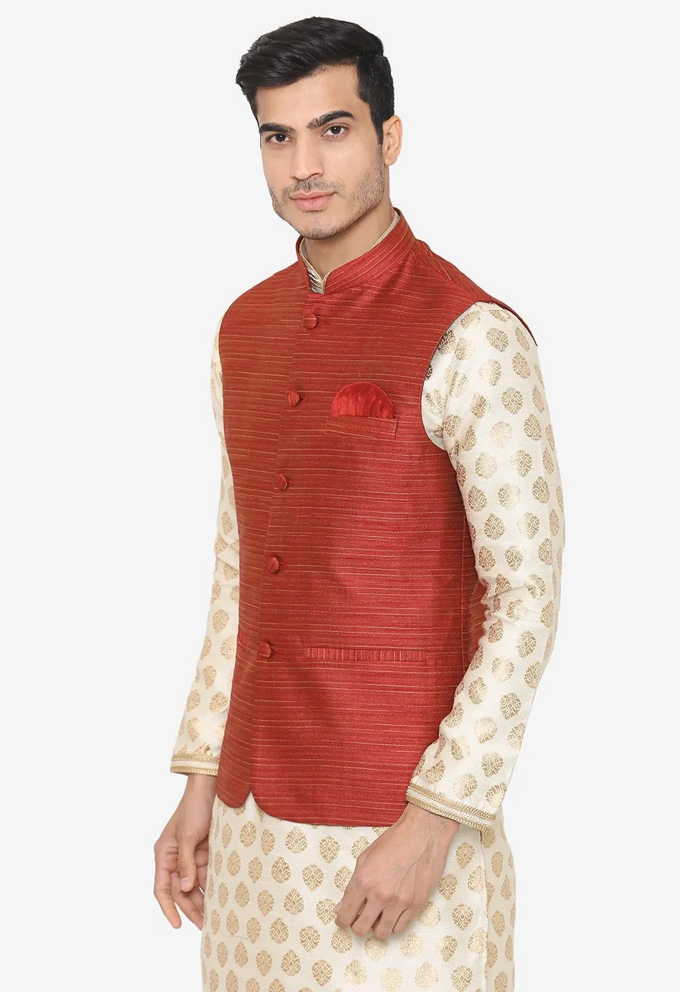 Banarsi Rayon Cotton Red Nehru Modi Jacket