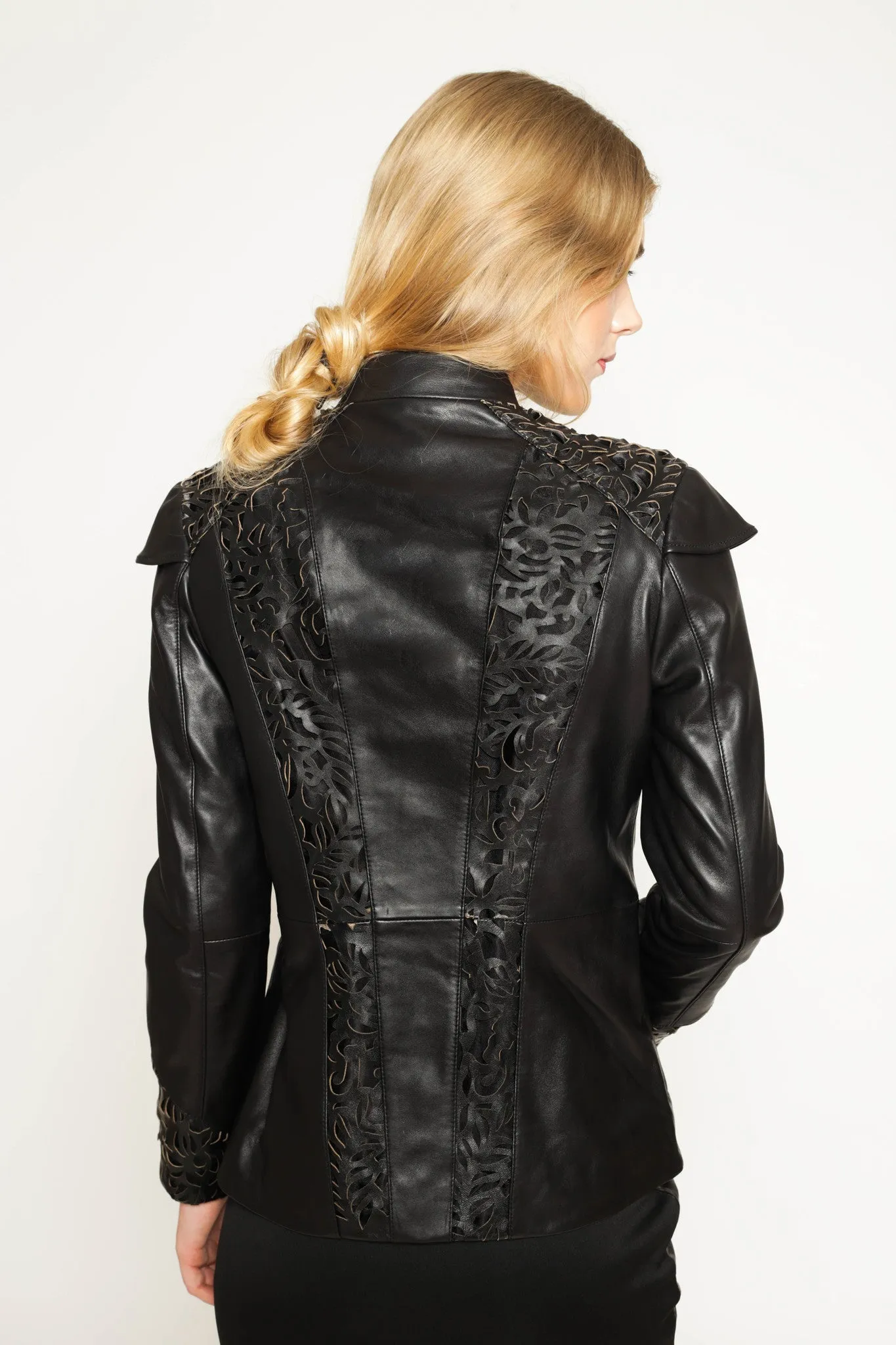 Baroque laser cut detail leather jacket