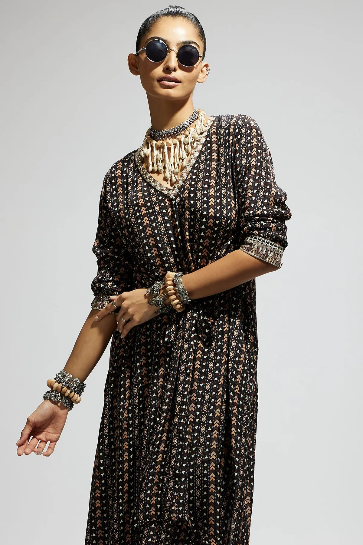 Black Boho Print Front Tie up Tunic