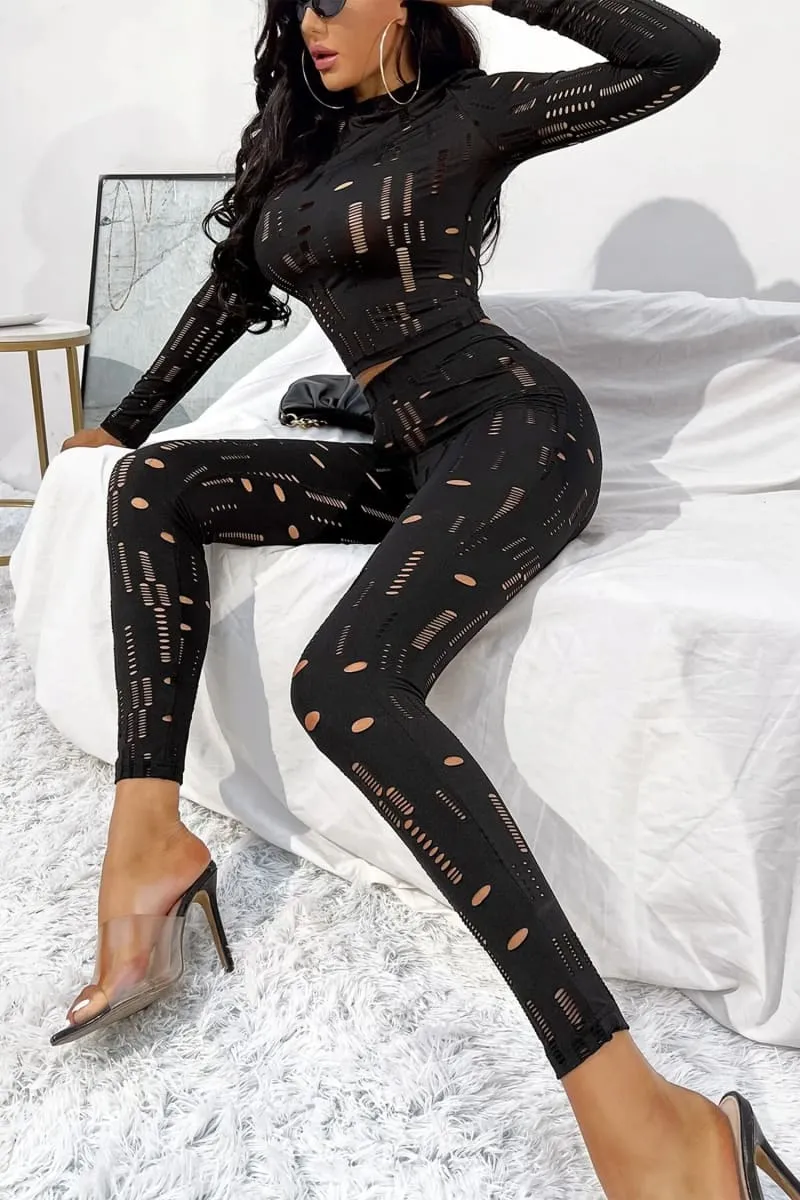 Black Long Sleeve Cut Out Top & Ripped Leggings Set