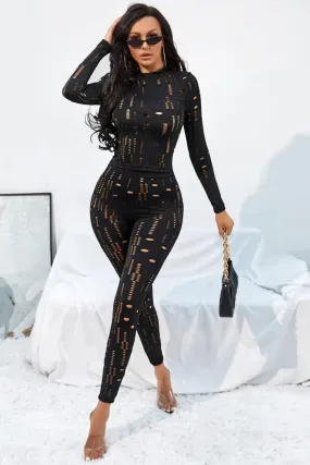 Black Long Sleeve Cut Out Top & Ripped Leggings Set