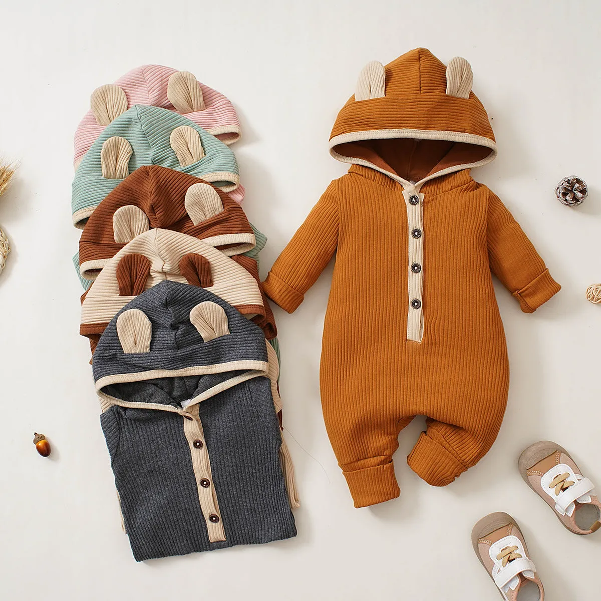 Bodysuit Winter Jumpsuit Solid Bear Ear Hoodie Baby Clothes Rompers