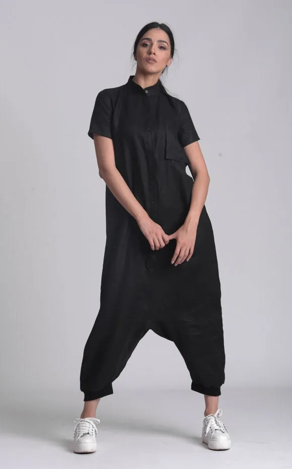 Buttoned Drop-Crotch Linen Jumpsuit In Black