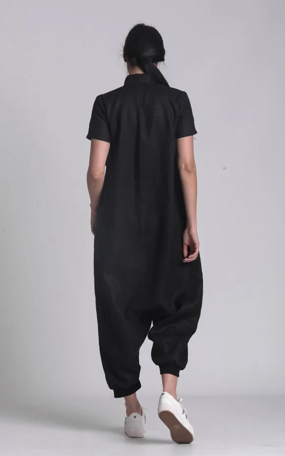 Buttoned Drop-Crotch Linen Jumpsuit In Black