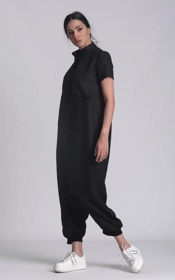 Buttoned Drop-Crotch Linen Jumpsuit In Black