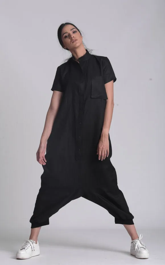 Buttoned Drop-Crotch Linen Jumpsuit In Black