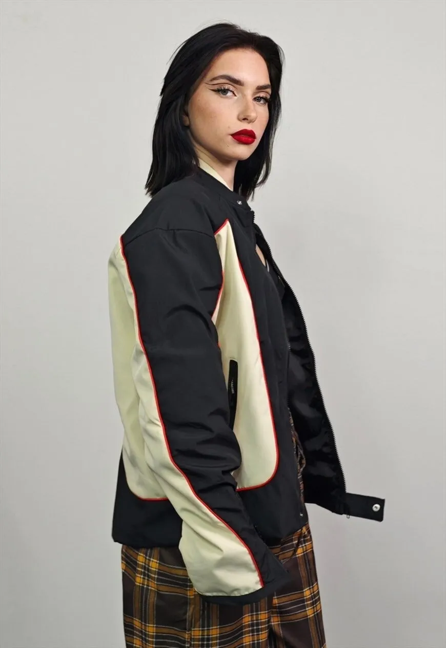 Colour block racing jacket collarless thin college bomber