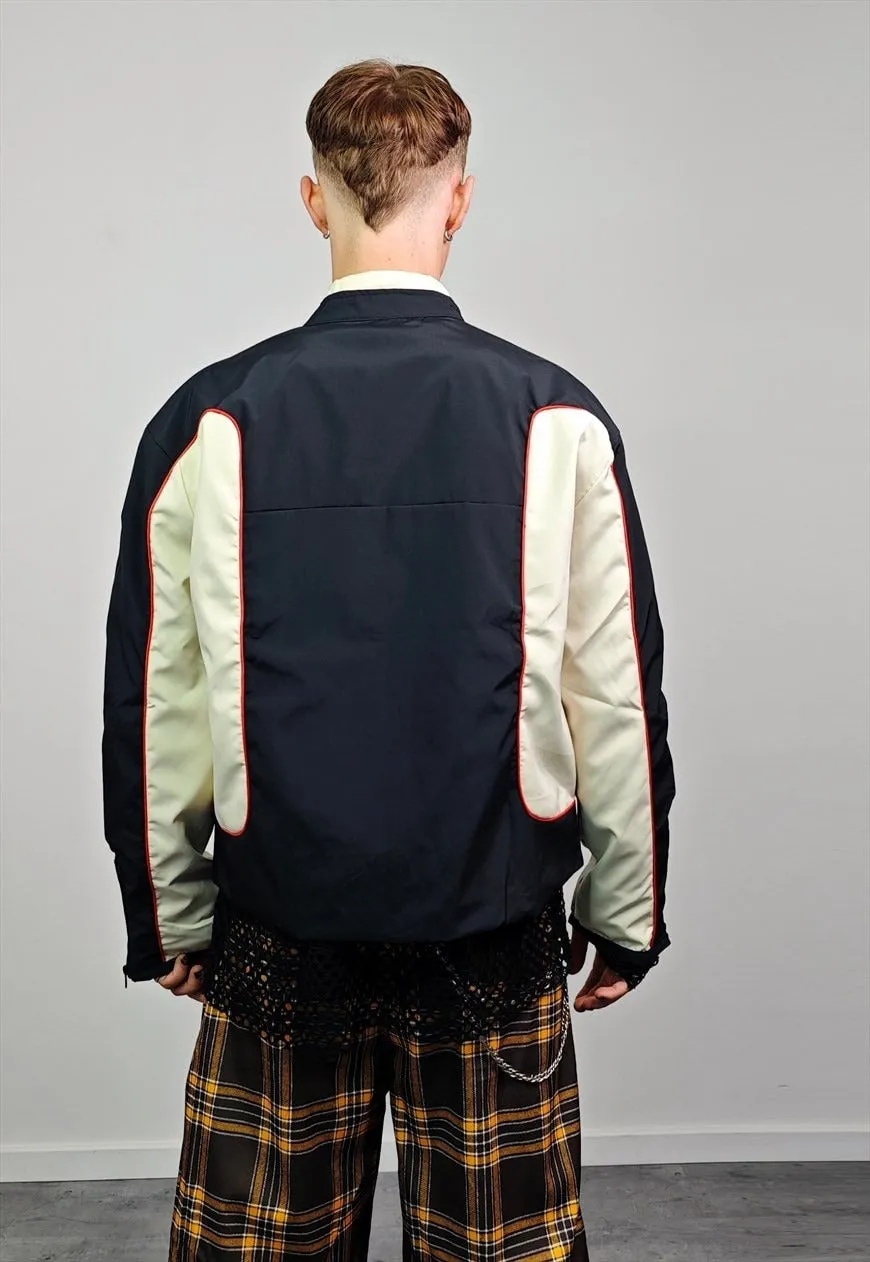 Colour block racing jacket collarless thin college bomber