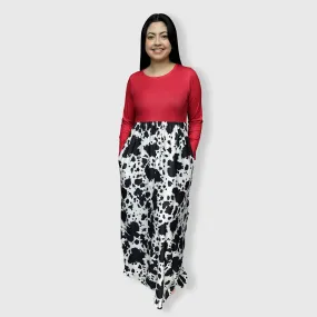 Cow Red Long Sleeve Maxi Dress Women