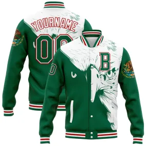 Custom Kelly Green White-Red Eagle Mexico 3D Bomber Full-Snap Varsity Letterman Jacket