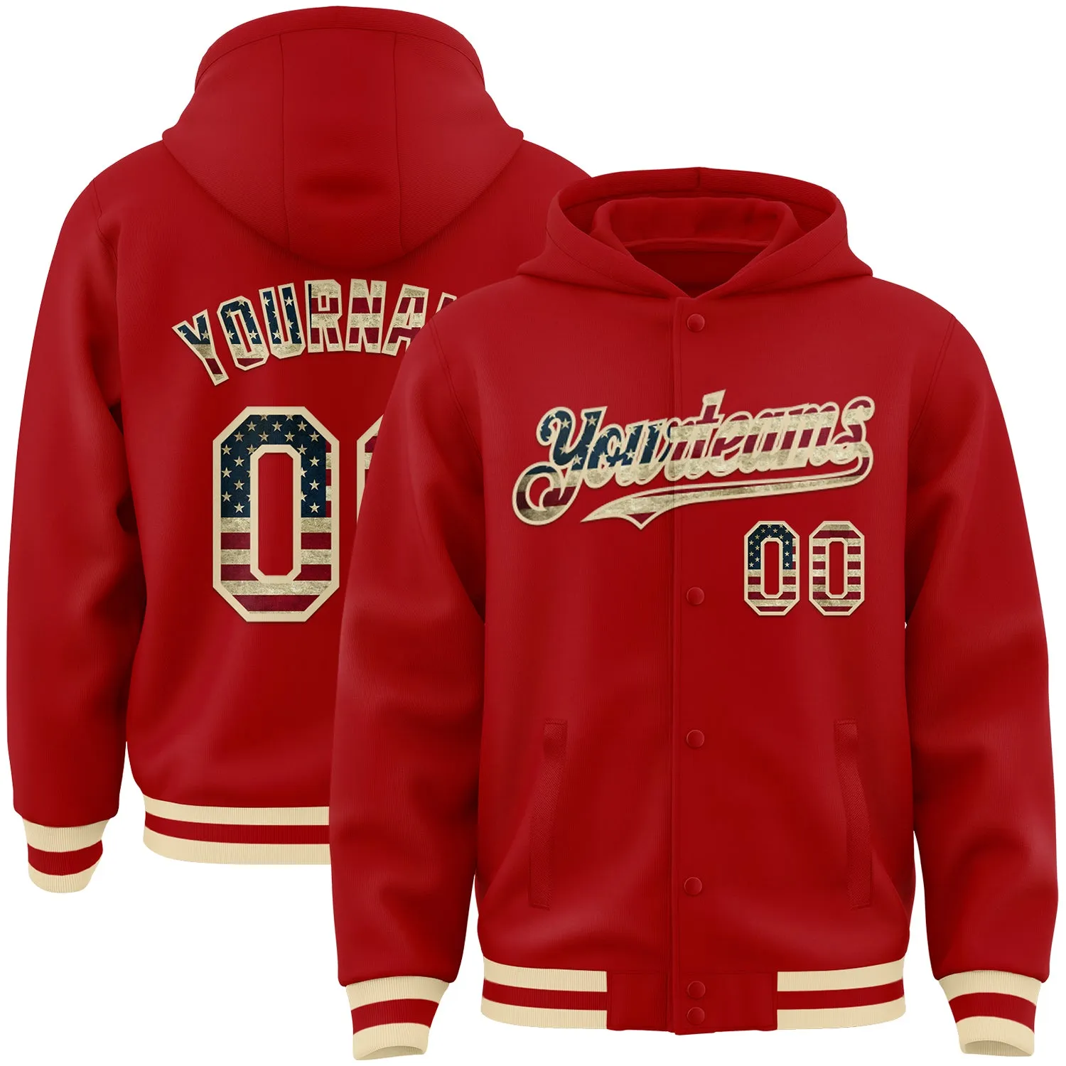 Custom Red Vintage USA Flag-Cream Bomber Full-Snap Varsity Letterman Hoodie Jacket