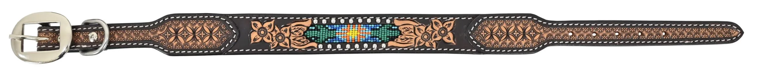 Dog Collar with Carving, TT Finish, SS Spots & Beaded Cactus Inlay